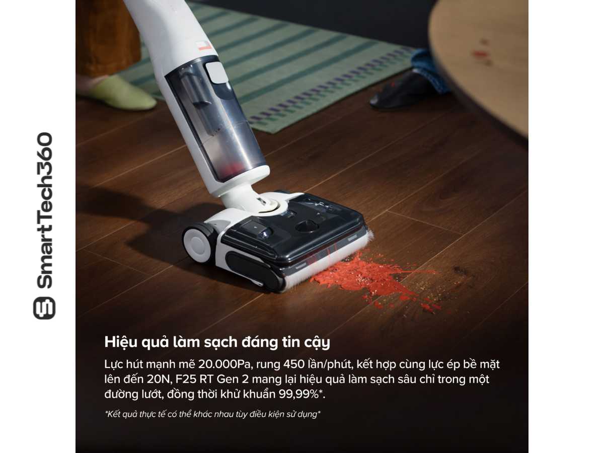Máy lau nhà Roborock F25 RT Gen 2 với lực hút 20000Pa và lực ép 20N đánh bay vết bẩn dễ dàng