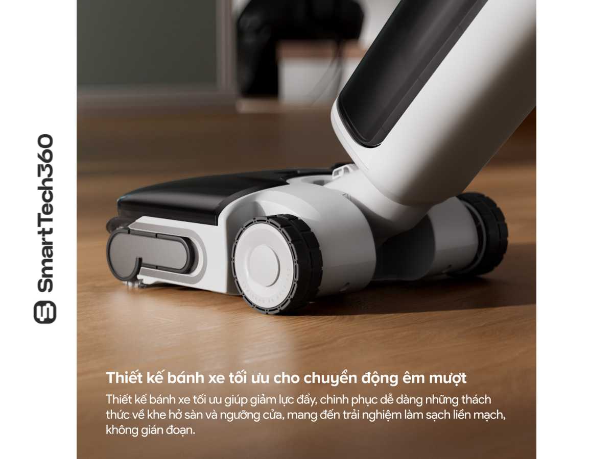 Thiết kế đầu xoay 70 độ và bánh xe trợ lực giảm mỏi tay trên Roborock F25 RT Gen 2