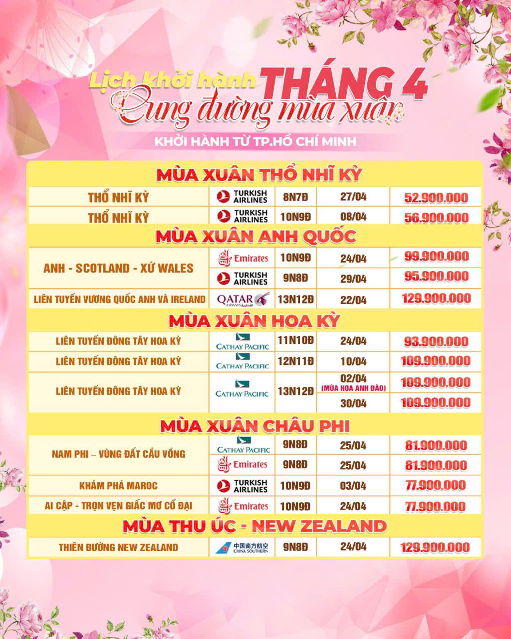 HOT DEAL KHỞI HÀNH THÁNG 4 TỪ HỒ CHÍ MINH DU XUÂN