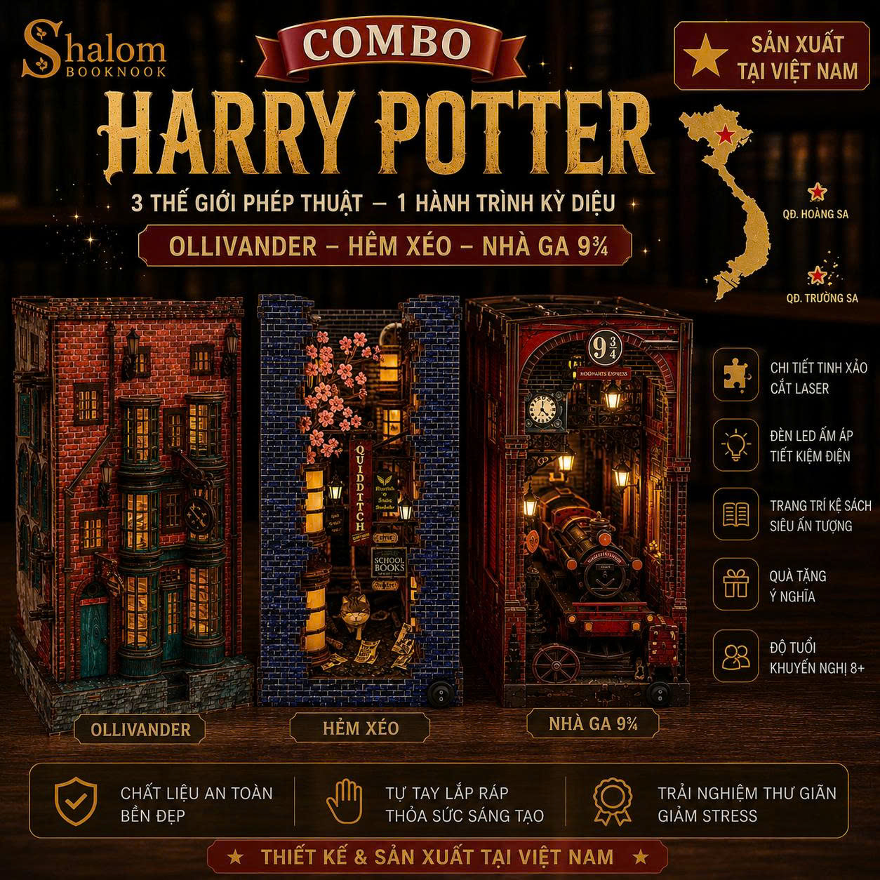 Combo Book Nook Harry Potter Halom (Ollivander + Hẻm Xéo + Nhà Ga 9¾)