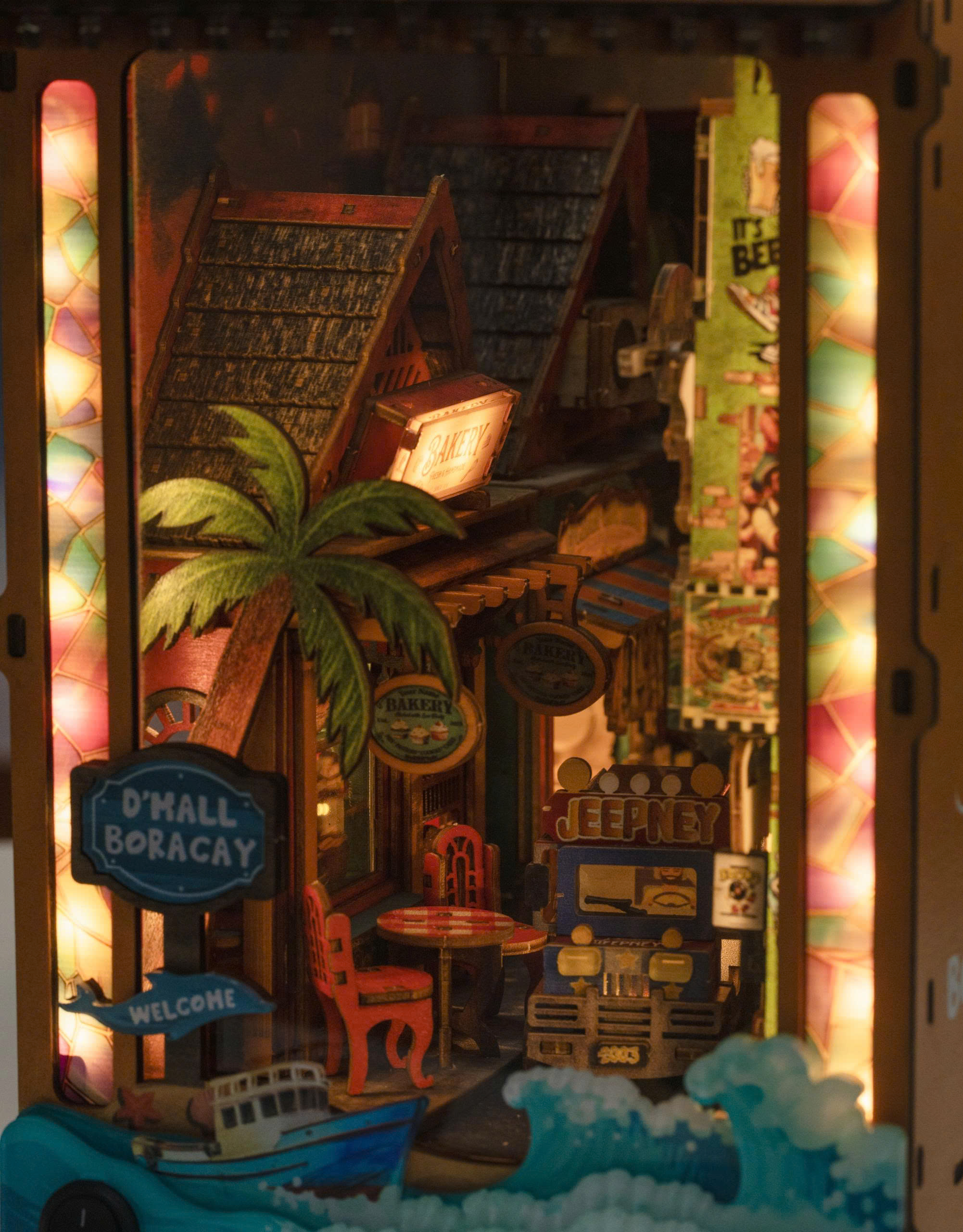 Mô Hình Gỗ DIY Book Nook Halom D'Mall Boracay Manila Philippines Có Đèn LED Decor Kệ Sách Quà Tặng
