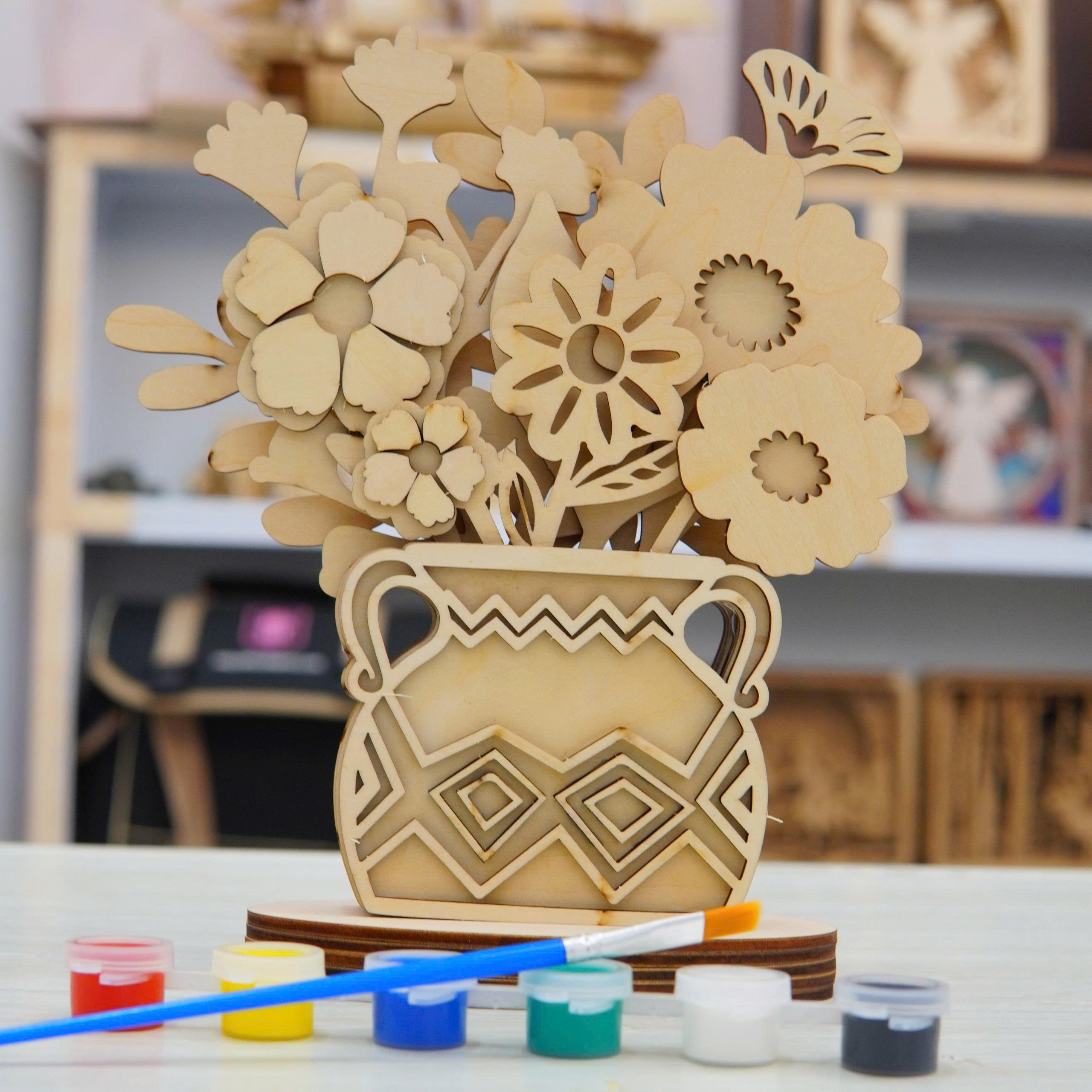 Lọ Hoa Gỗ DIY Tô Màu Halom Bộ Lắp Ghép Sáng Tạo Decor Bàn Học, Bàn Làm Việc