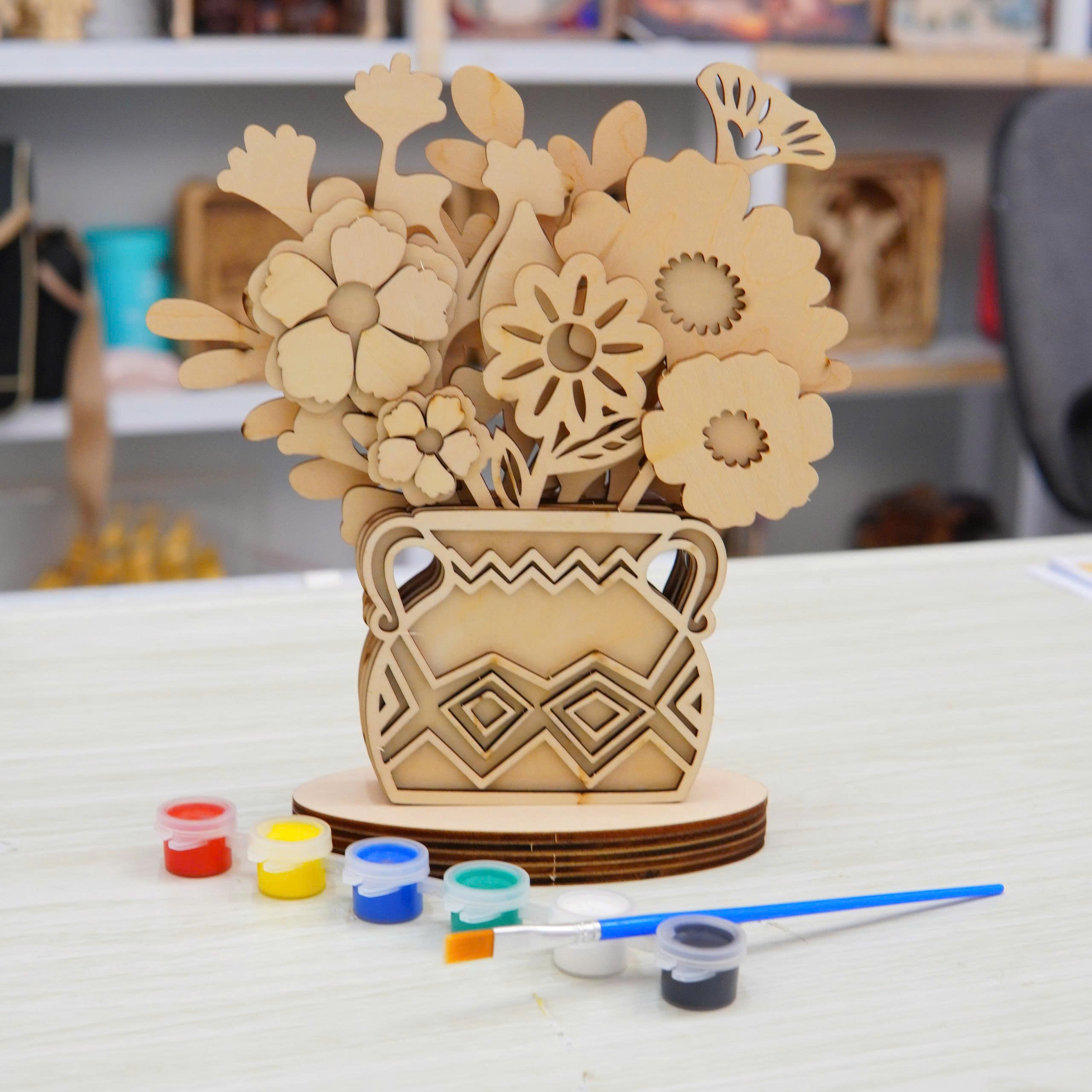 Lọ Hoa Gỗ DIY Tô Màu Halom Bộ Lắp Ghép Sáng Tạo Decor Bàn Học, Bàn Làm Việc