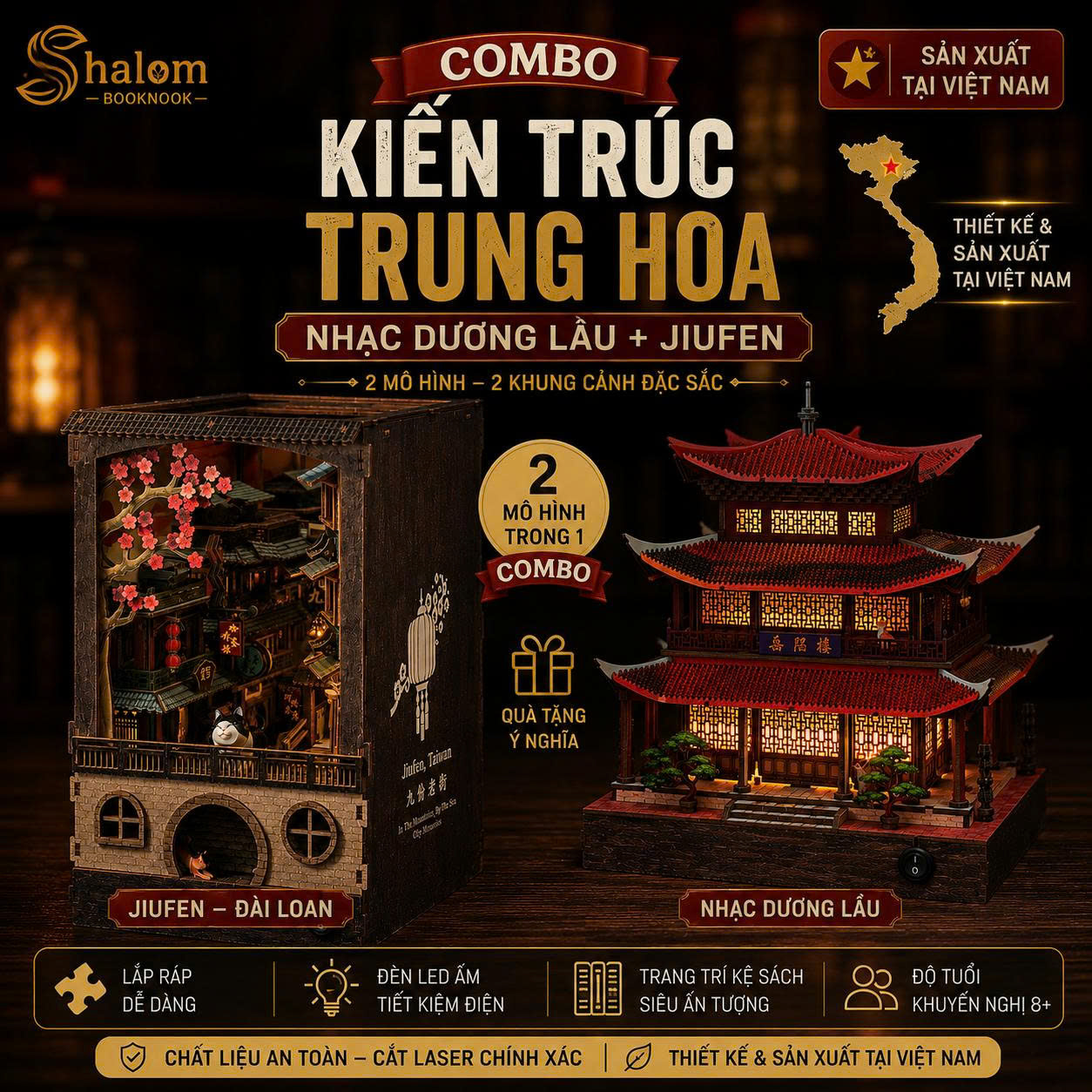 Combo Book Nook Kiến Trúc Trung Hoa Halom (Nhạc Dương Lầu + JiuFen)
