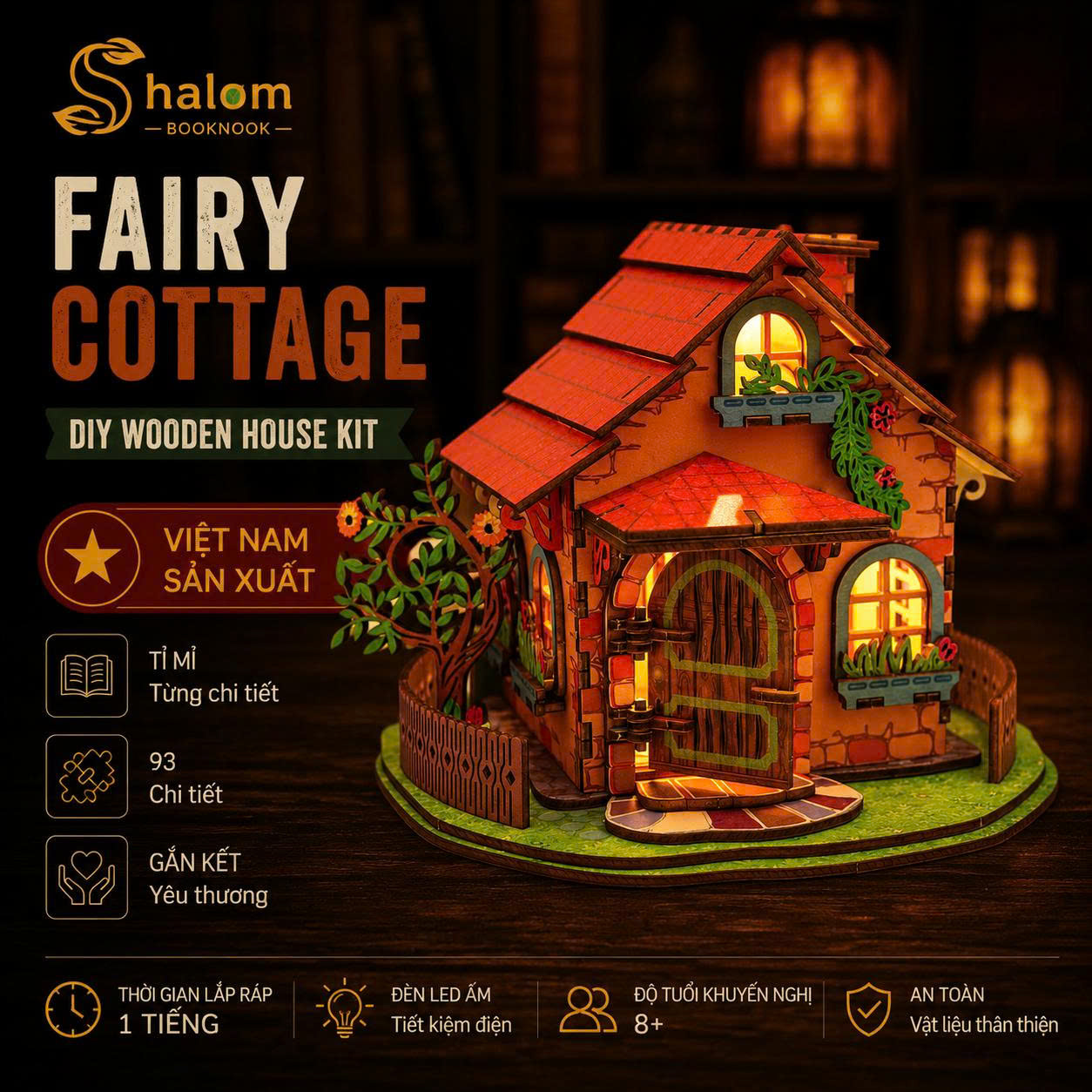 Halom DIY Nhà Cổ Tích Đèn Led - Mô Hình Nhà Gỗ Lắp Ráp, Decor Góc Học Tập, Quà Tặng Sáng Tạo
