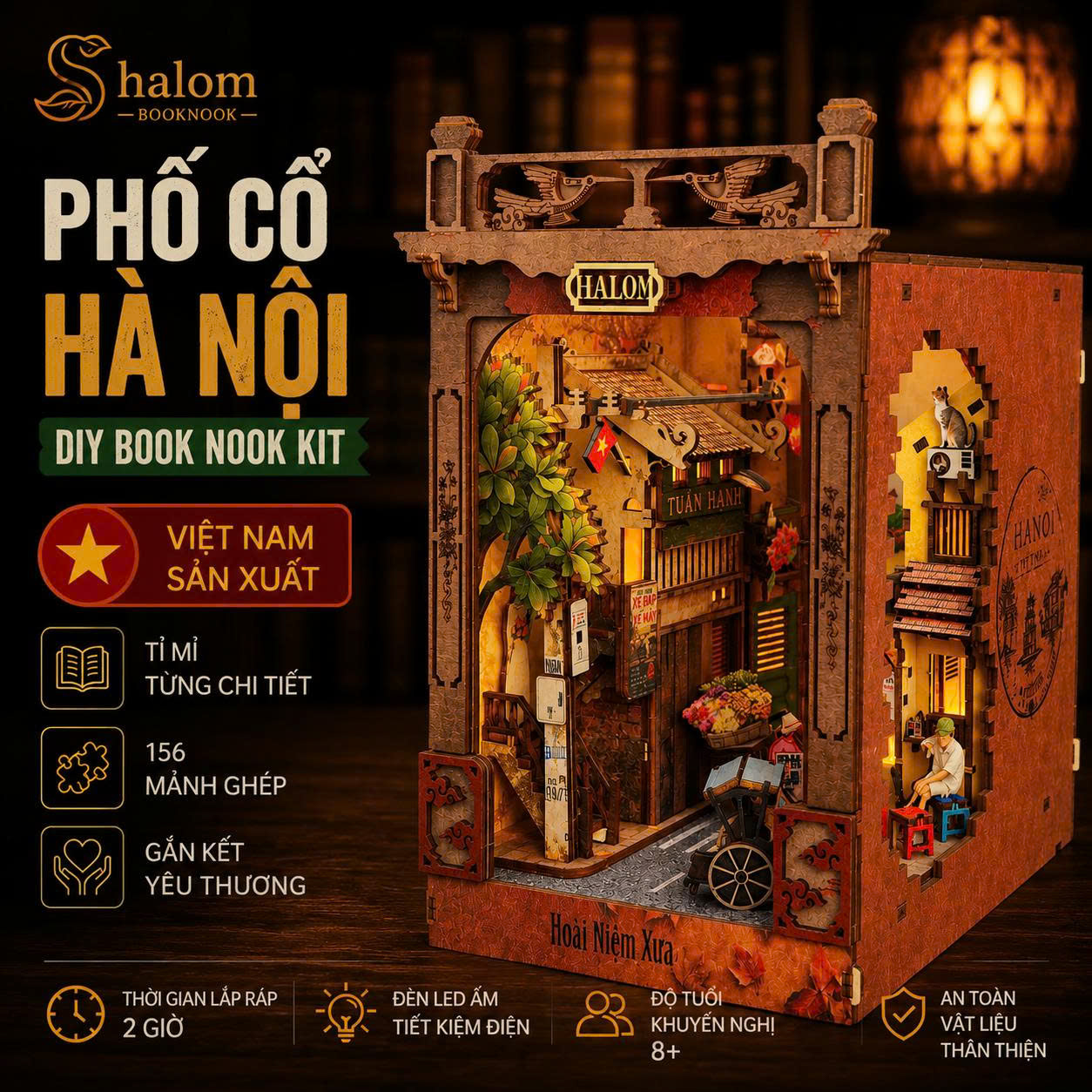 Mô Hình Gỗ DIY Book Nook Halom Phố Cổ Hà Nội Có Đèn LED Decor Kệ Sách Quà Tặng