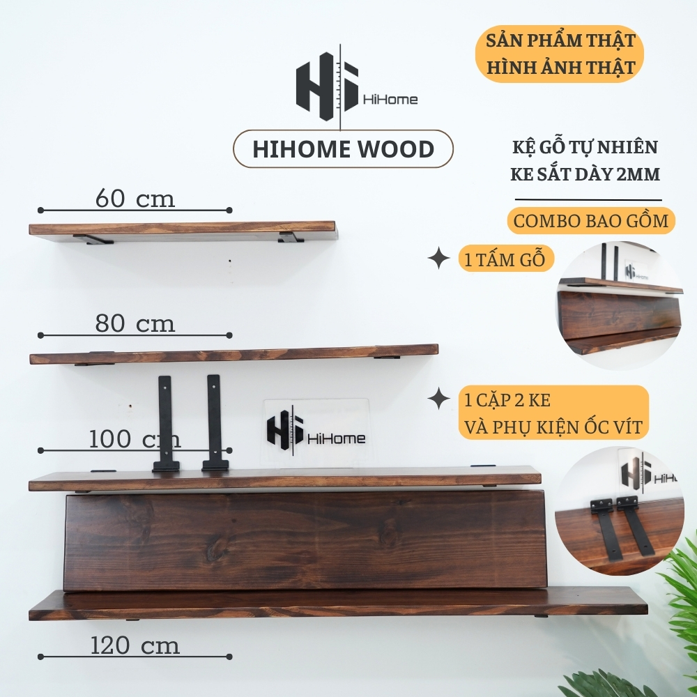 KỆ GỖ TREO TƯỜNG MÀU NÂU RUSTIC KÈM PASS KGT008