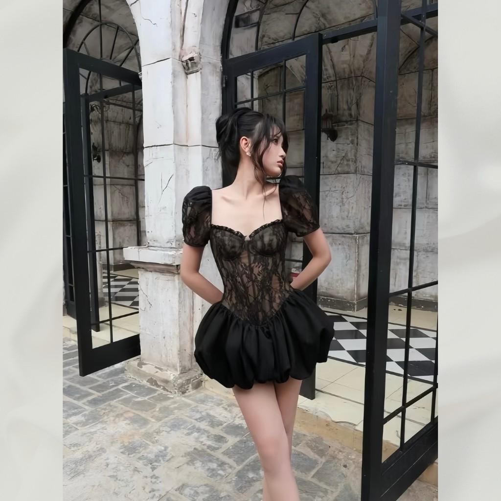 Đầm Váy Ren Cúp Ngực Eo Corset Váy Bí Có Lót Trong Phong Cách Tiểu Thư Ballet Core | vd94