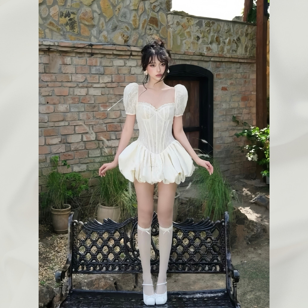 Đầm Váy Ren Cúp Ngực Eo Corset Váy Bí Có Lót Trong Phong Cách Tiểu Thư Ballet Core | vd94