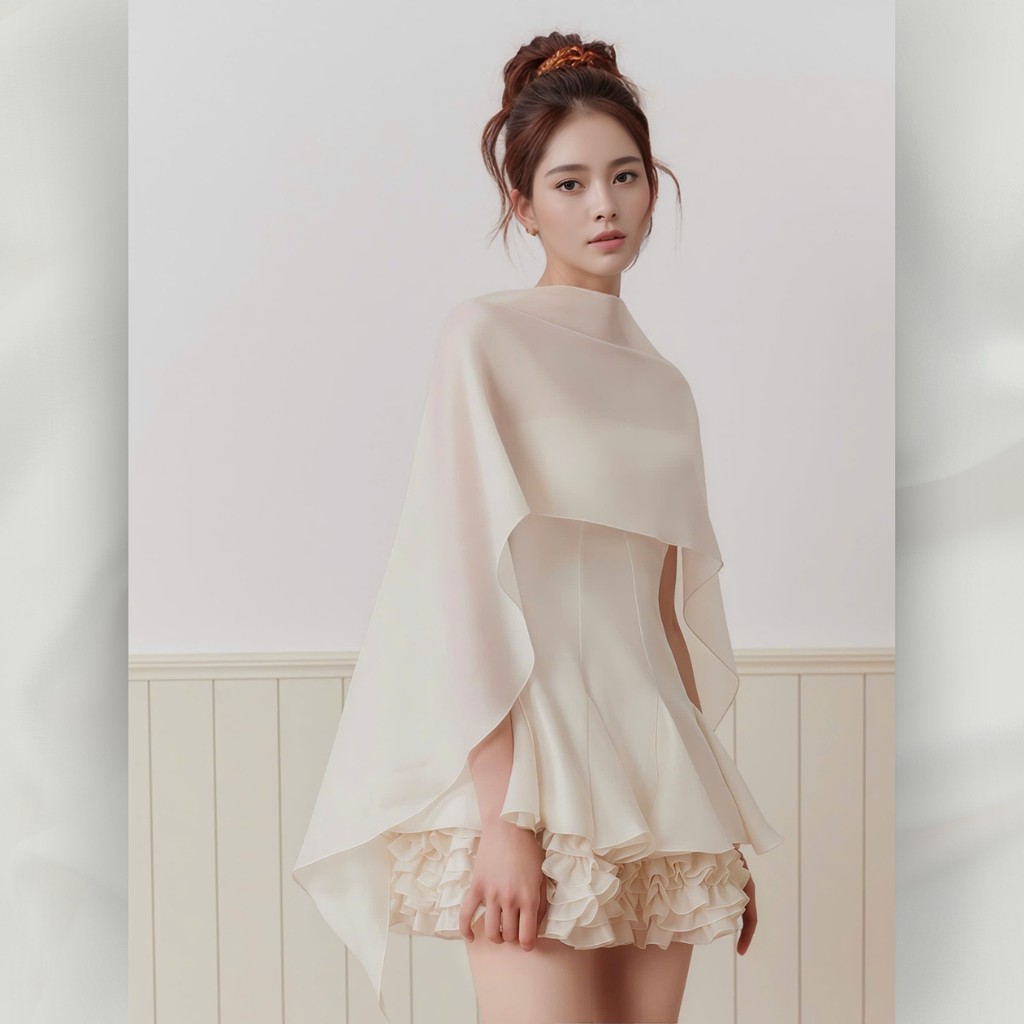 Đầm váy xoè mini trên đầu gối xếp tầng kèm áo choàng ngoài sang trọng dịu dàng | vd97