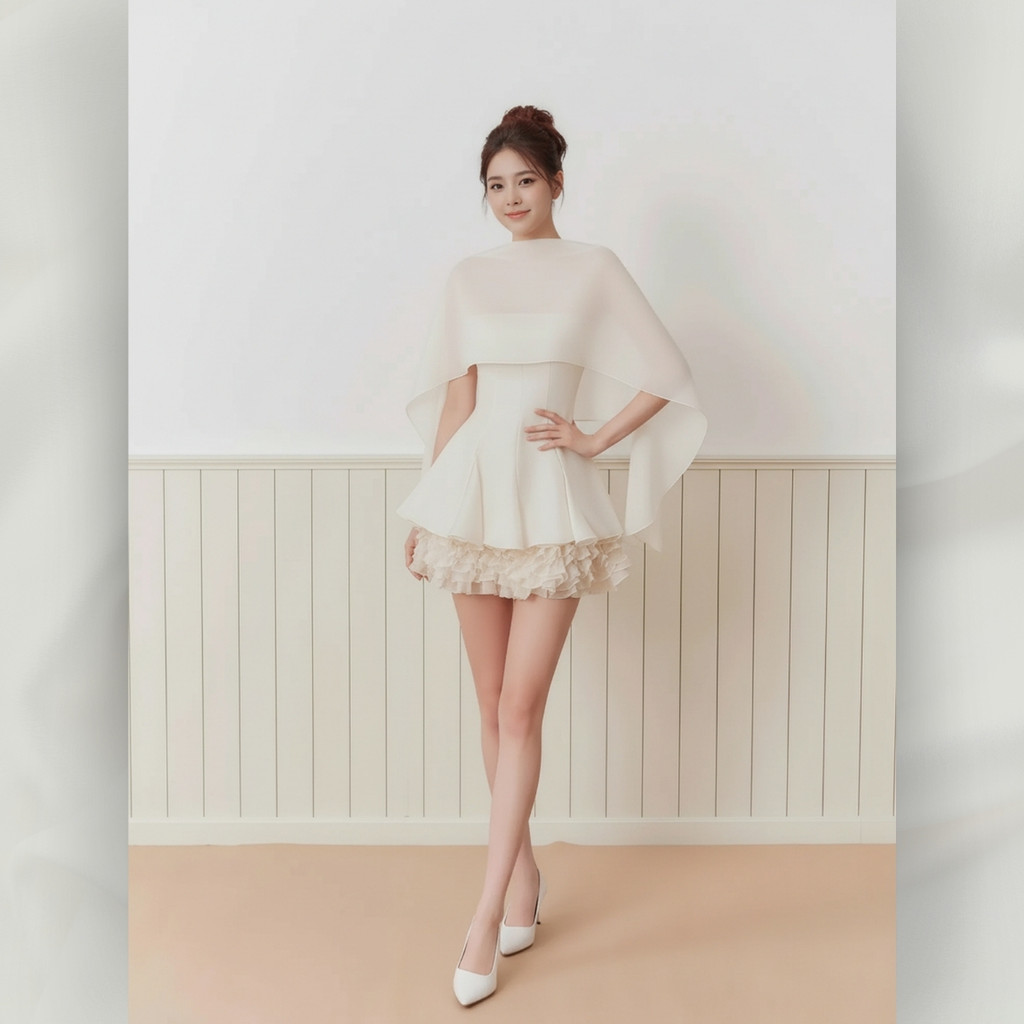 Đầm váy xoè mini trên đầu gối xếp tầng kèm áo choàng ngoài sang trọng dịu dàng | vd97