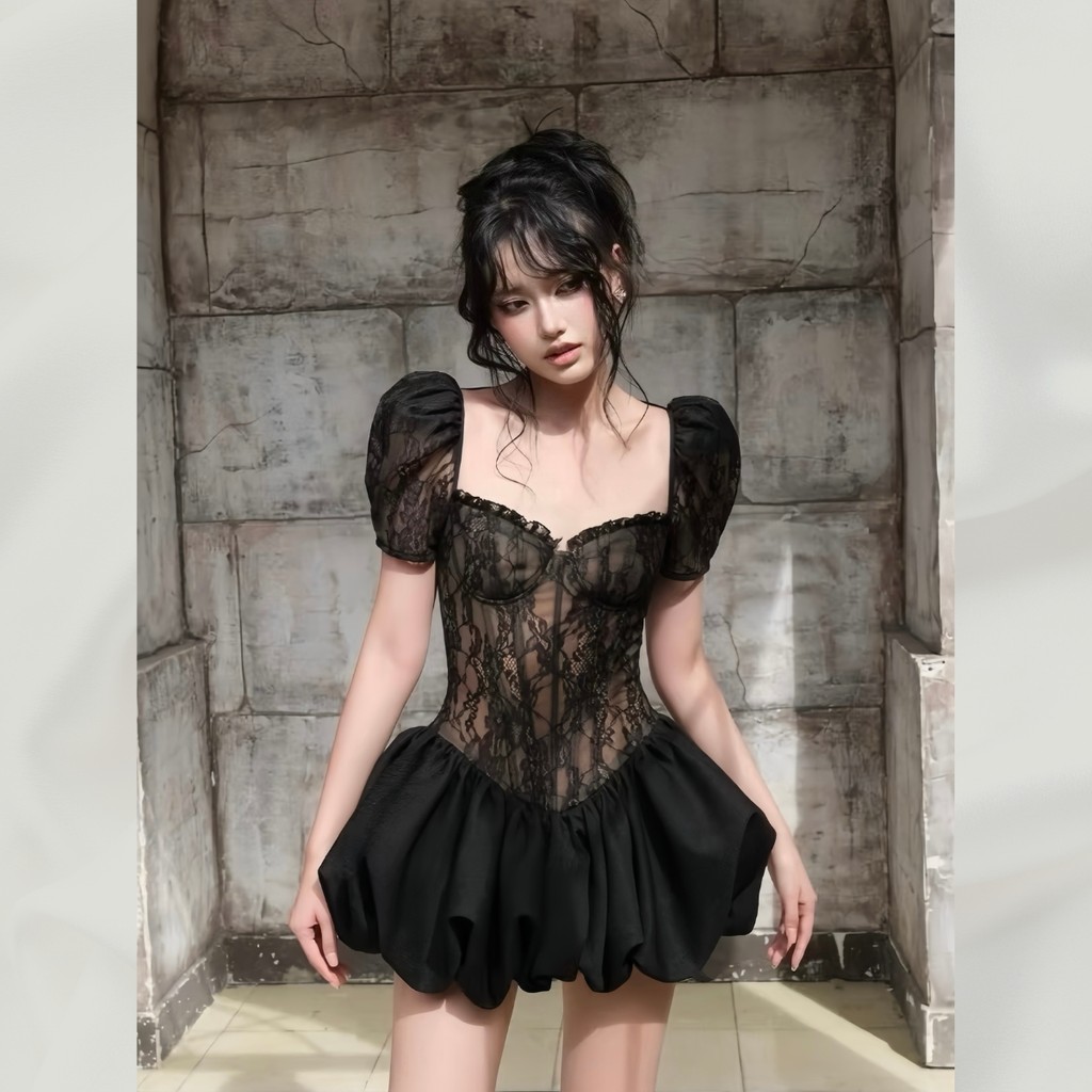 Đầm Váy Ren Cúp Ngực Eo Corset Váy Bí Có Lót Trong Phong Cách Tiểu Thư Ballet Core | vd94