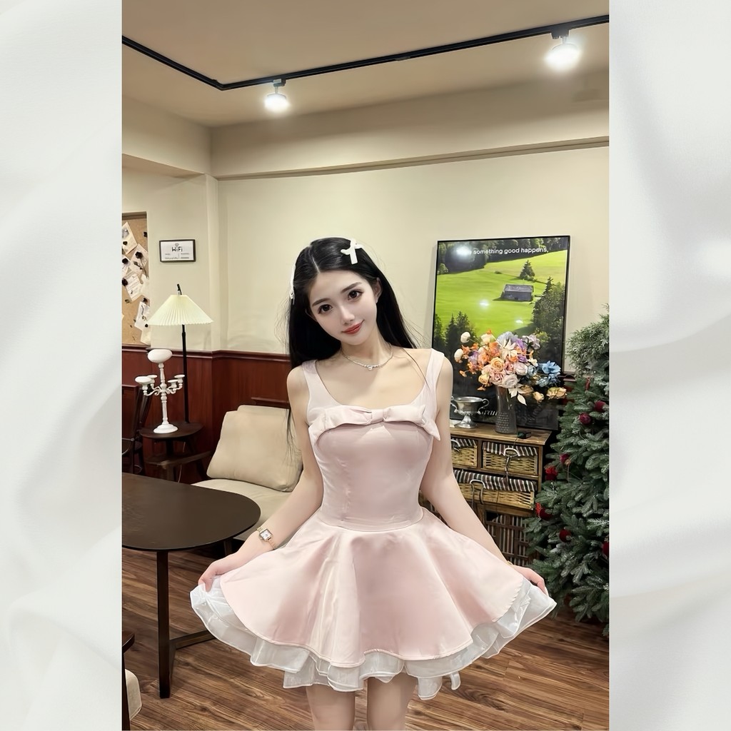 Đầm váy xòe mini họa tiết nơ ngực đi chơi dự tiệc dạo phố có bigsize | vd89
