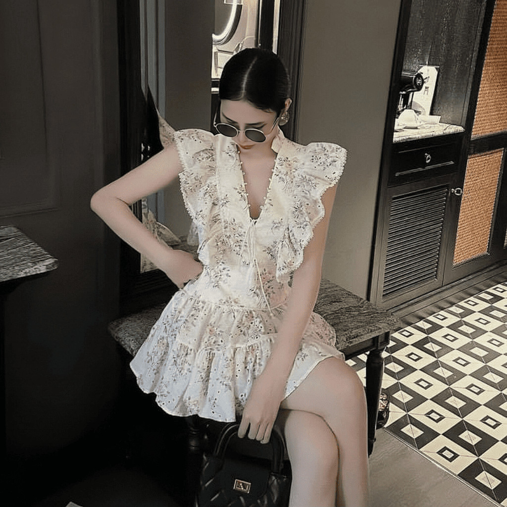 Đầm váy xòe chân váy mini vải hoa nhí xô thêu đục lỗ có bigsize | vd5
