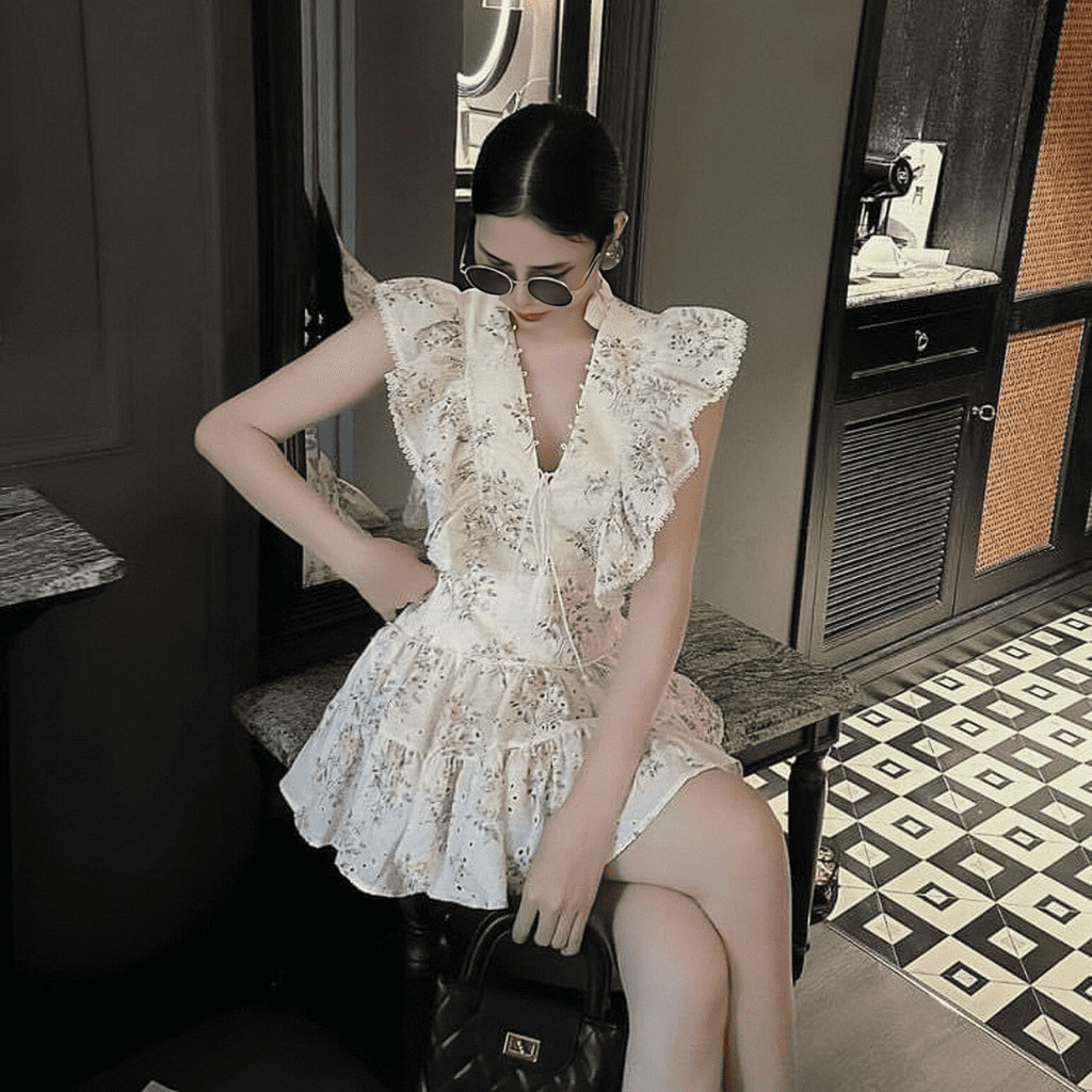 Đầm váy xòe chân váy mini vải hoa nhí xô thêu đục lỗ có bigsize | vd5