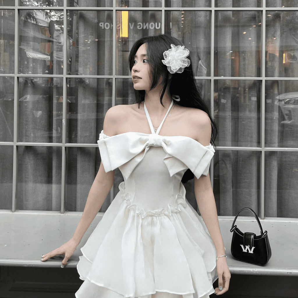 Đầm váy xòe chân váy mini nơ ngực trễ vai hai lớp có bigsize | vd10