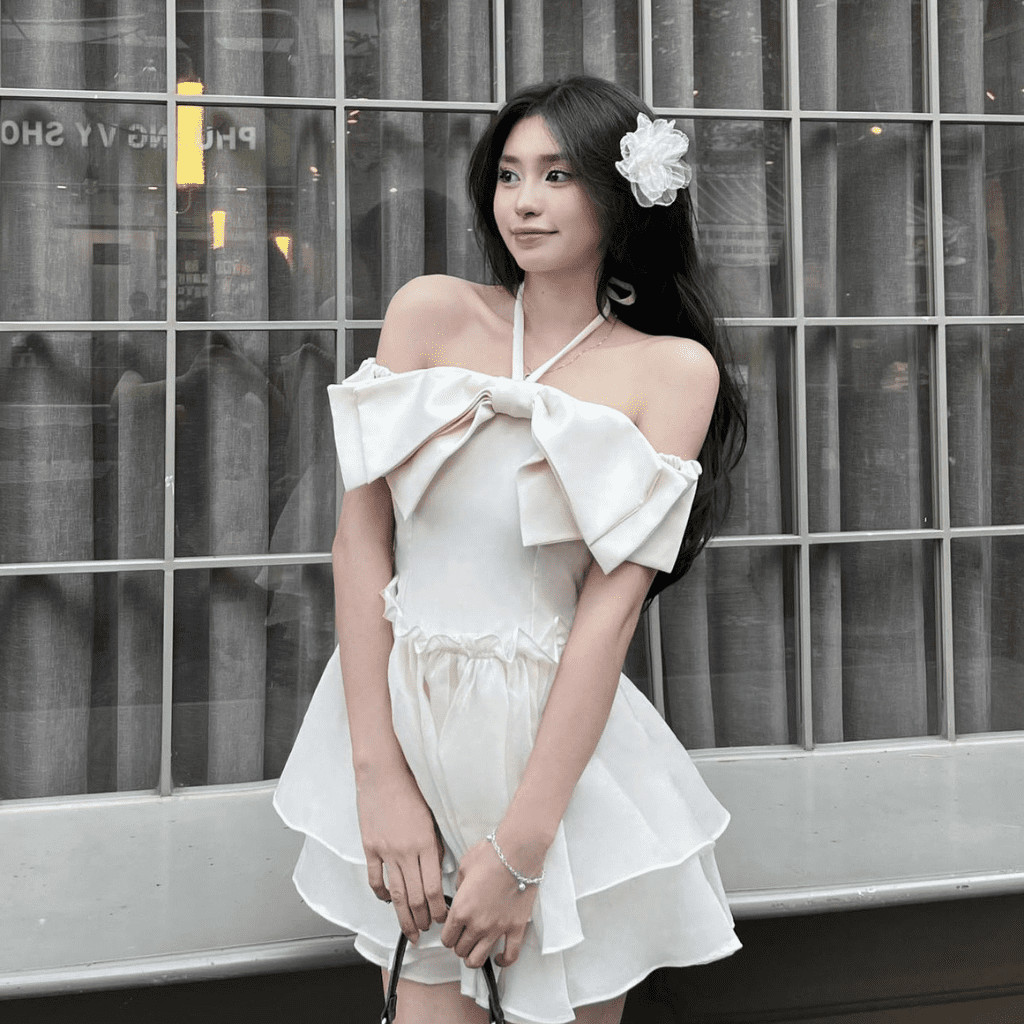Đầm váy xòe chân váy mini nơ ngực trễ vai hai lớp có bigsize | vd10