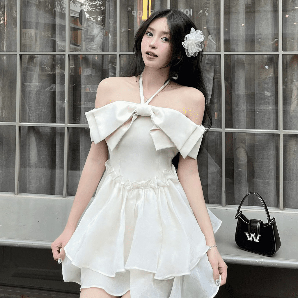 Đầm váy xòe chân váy mini nơ ngực trễ vai hai lớp có bigsize | vd10