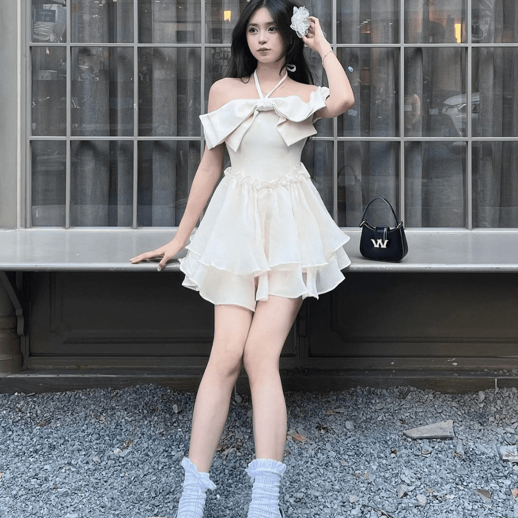 Đầm váy xòe chân váy mini nơ ngực trễ vai hai lớp có bigsize | vd10