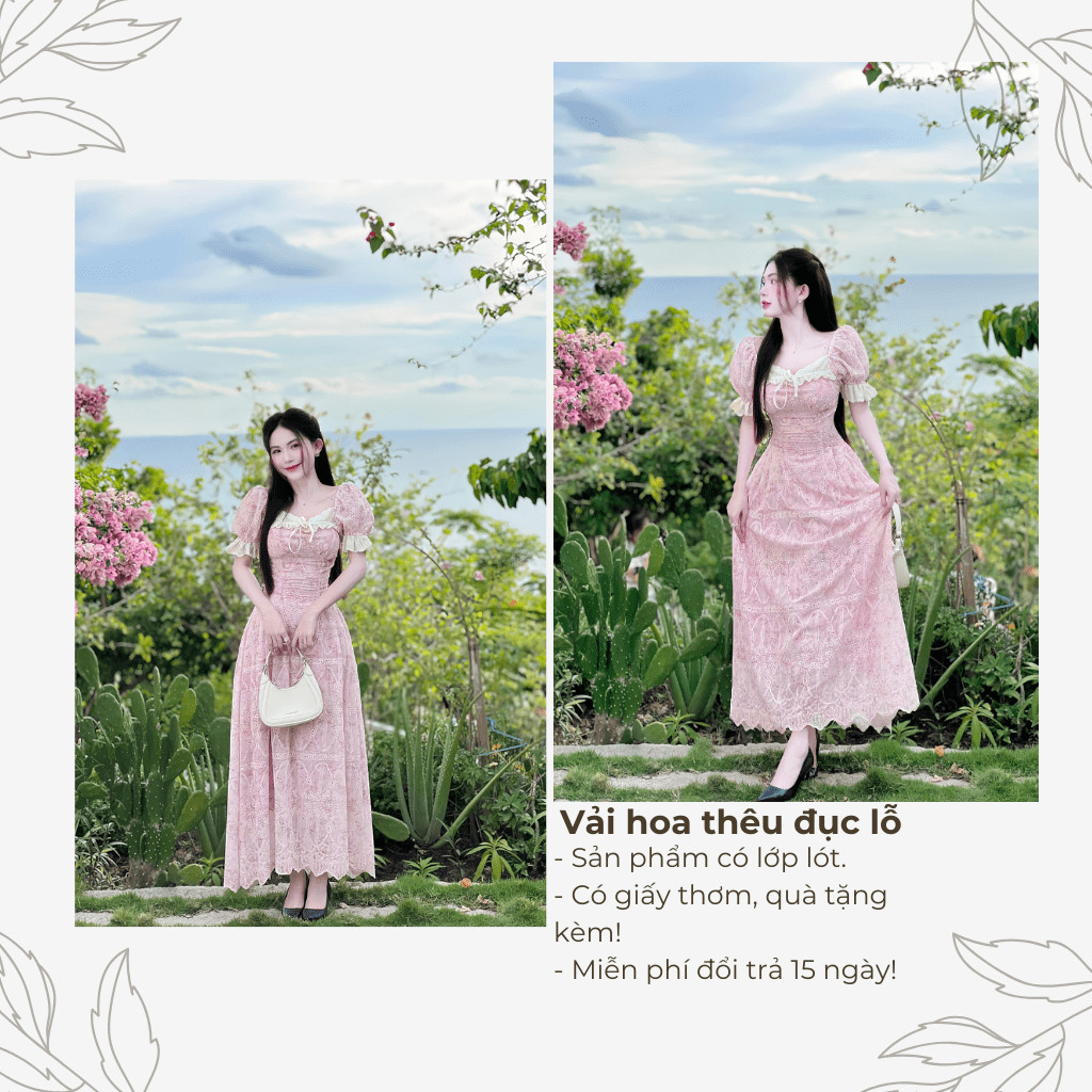 Đầm váy xòe maxi tay bồng hai lớp vải hoa thêu đục lỗ có bigsize | vd35
