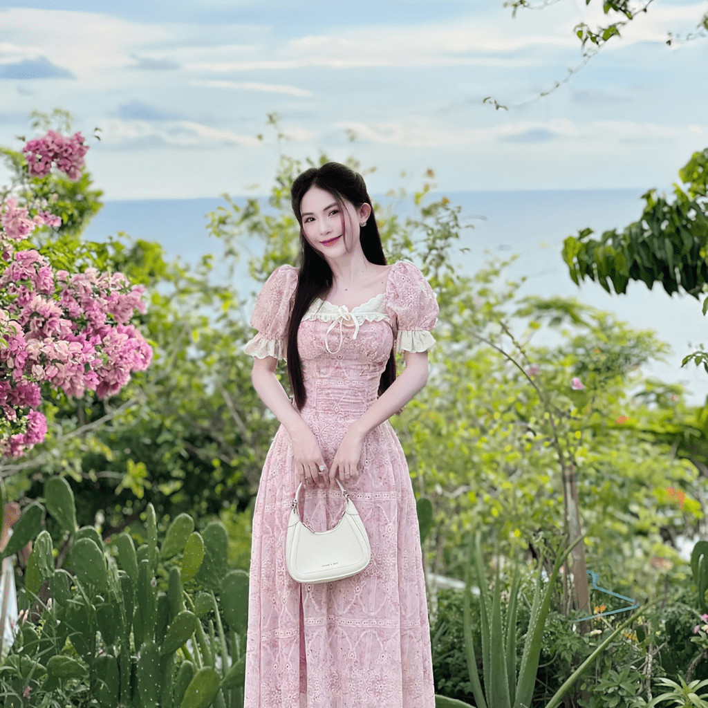 Đầm váy xòe maxi tay bồng hai lớp vải hoa thêu đục lỗ có bigsize | vd35