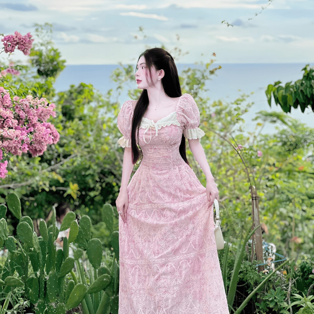 Đầm váy xòe maxi tay bồng hai lớp vải hoa thêu đục lỗ có bigsize | vd35