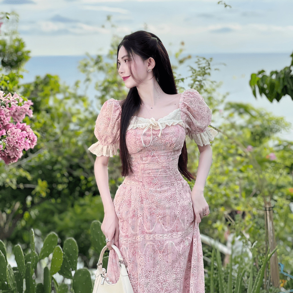 Đầm váy xòe maxi tay bồng hai lớp vải hoa thêu đục lỗ có bigsize | vd35