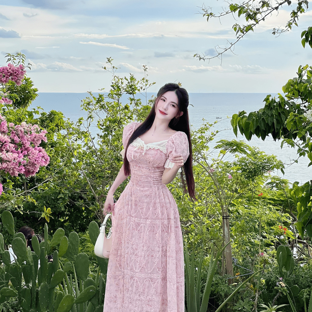 Đầm váy xòe maxi tay bồng hai lớp vải hoa thêu đục lỗ có bigsize | vd35