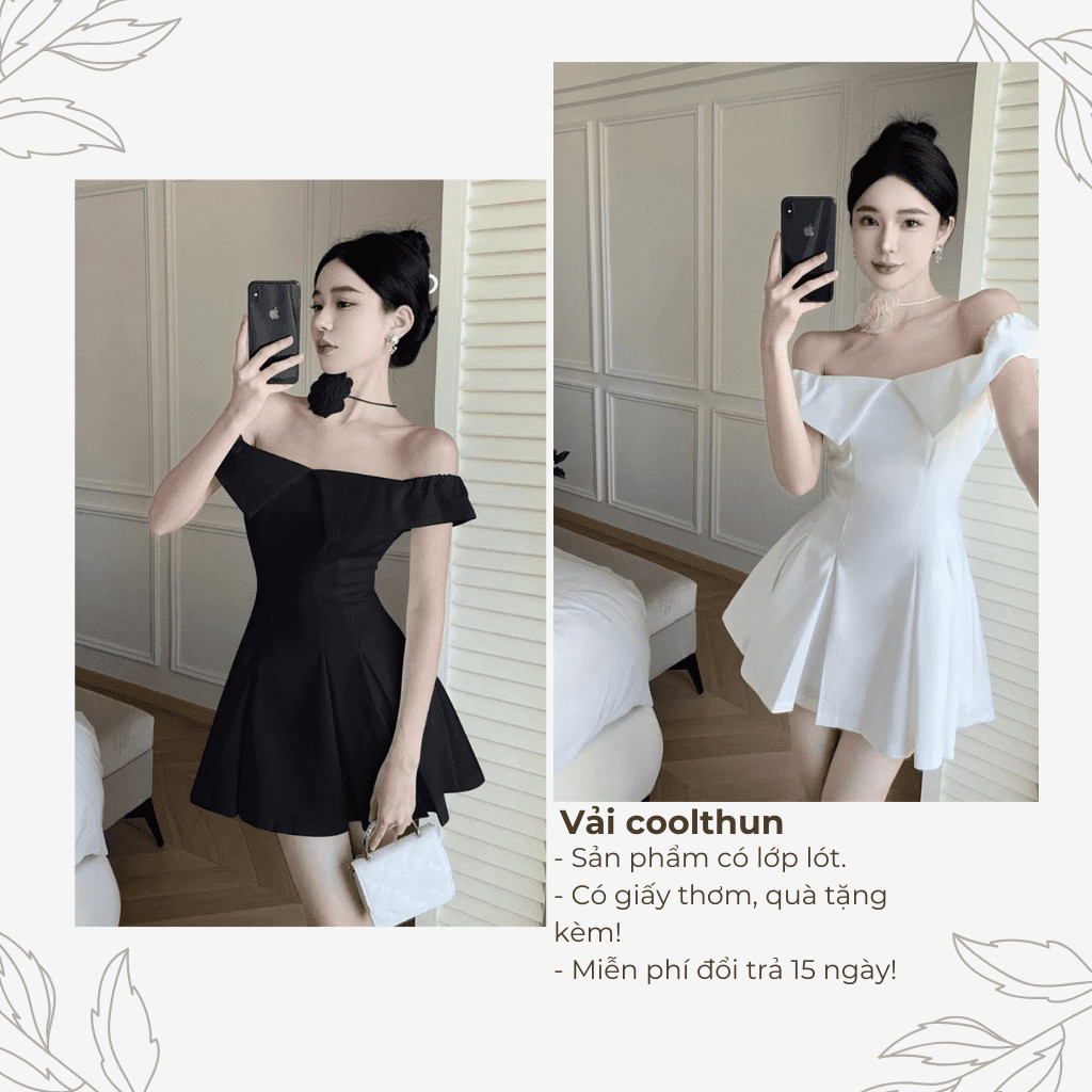Đầm váy xòe chân váy mini xếp ly trễ vai vải goothun có bigsize | vd39