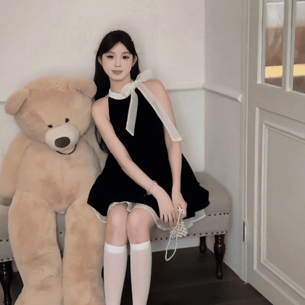 Đầm váy xòe chân váy mini vải goothun hai lớp cổ yếm nơ có bigsize | vd37