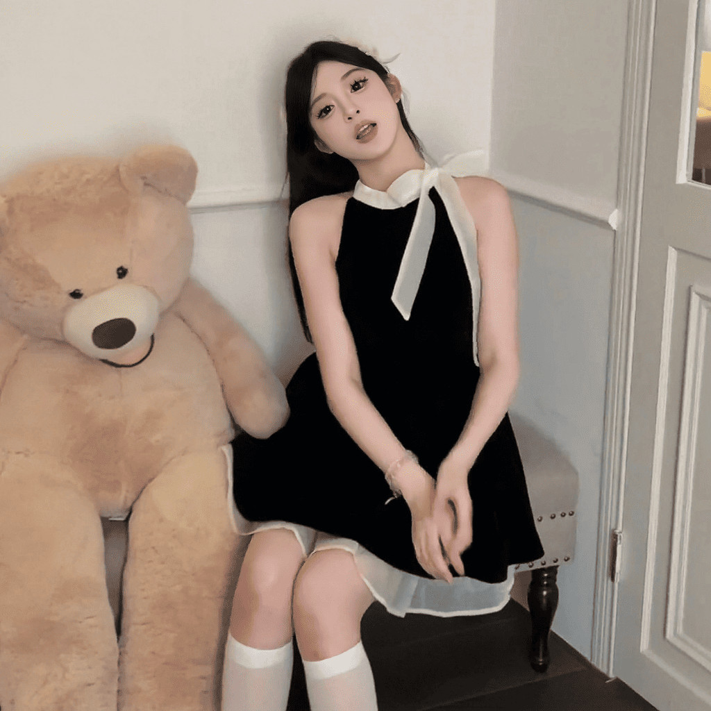 Đầm váy xòe chân váy mini vải goothun hai lớp cổ yếm nơ có bigsize | vd37