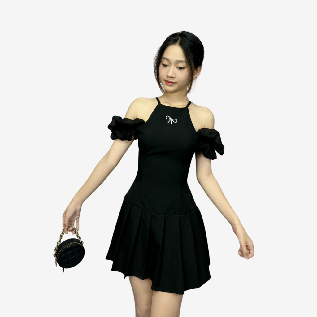 Đầm xòe công sở dự tiệc dạo phố chân váy ngắn trễ vai vải goothun có bigsize | vd3