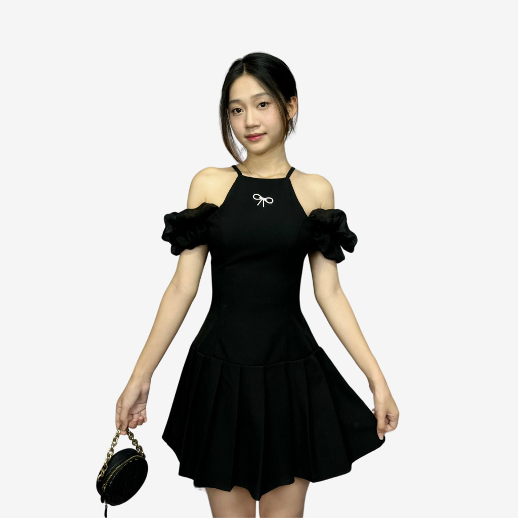 Đầm xòe công sở dự tiệc dạo phố chân váy ngắn trễ vai vải goothun có bigsize | vd3