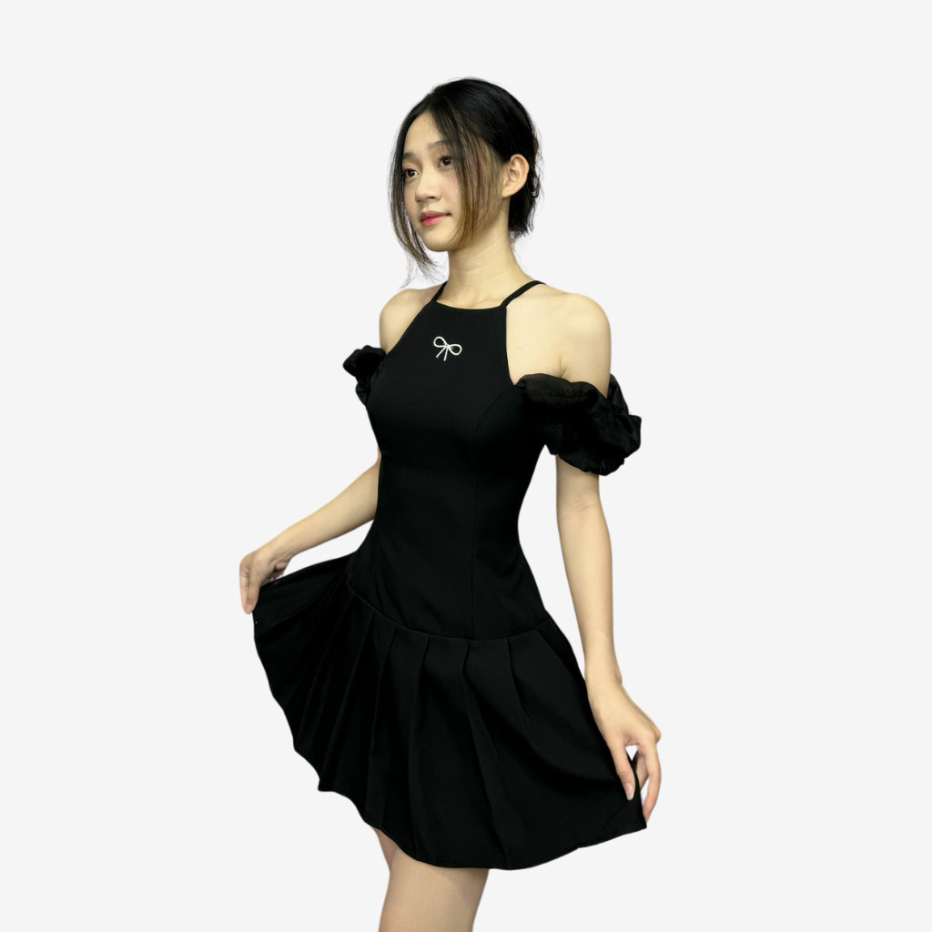 Đầm xòe công sở dự tiệc dạo phố chân váy ngắn trễ vai vải goothun có bigsize | vd3