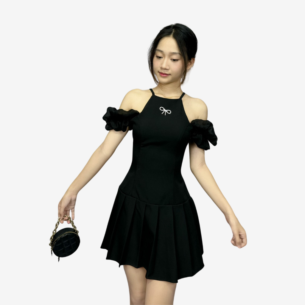 Đầm xòe công sở dự tiệc dạo phố chân váy ngắn trễ vai vải goothun có bigsize | vd3