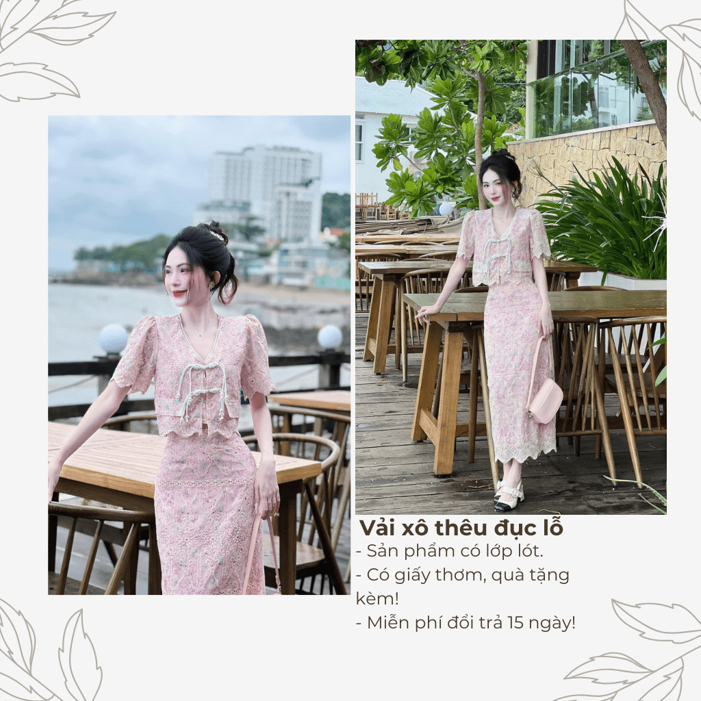Set áo kèm váy maxi vải xô thêu đục lỗ hai lớp dự tiệc sang chảnh | set12