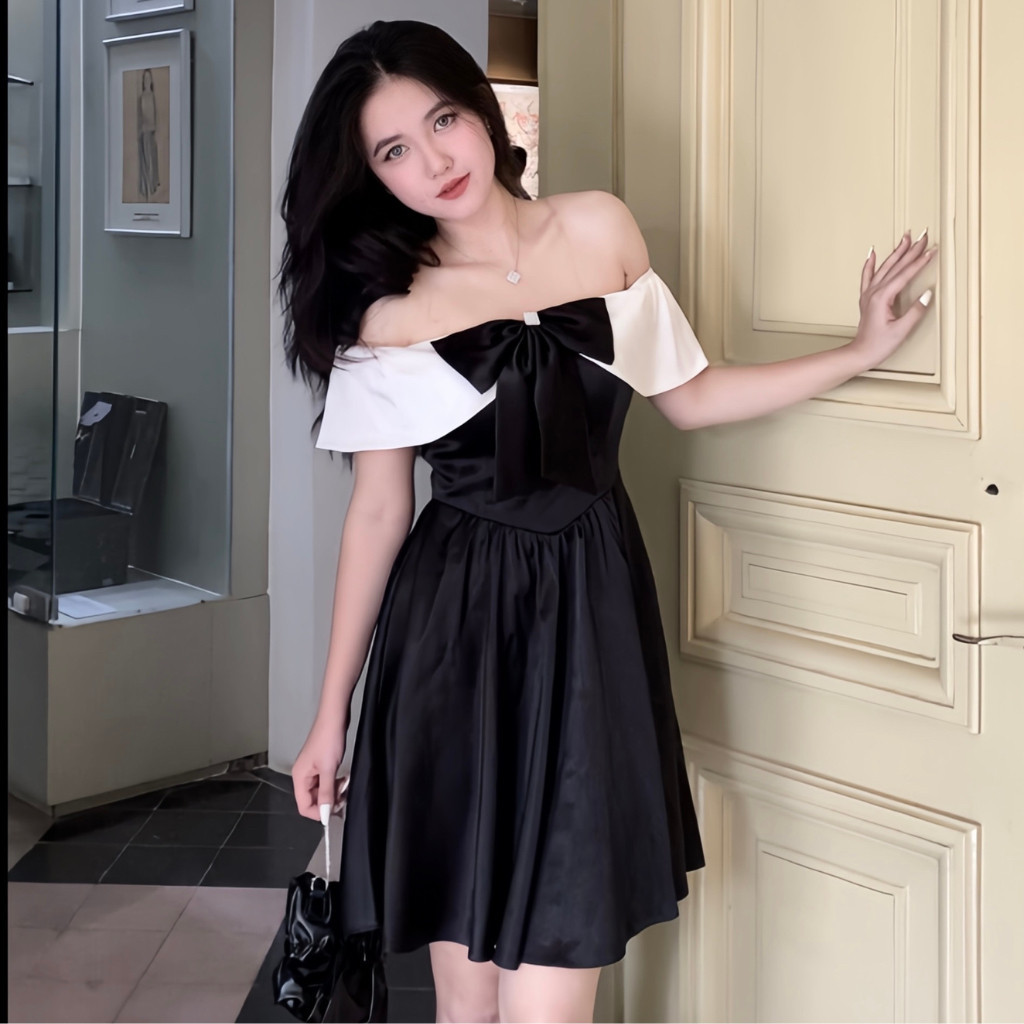 Váy dự tiệc sang chảnh tiểu thư trễ vai cúp ngực dáng xòe kèm nơ ngực có bigsize | vd7