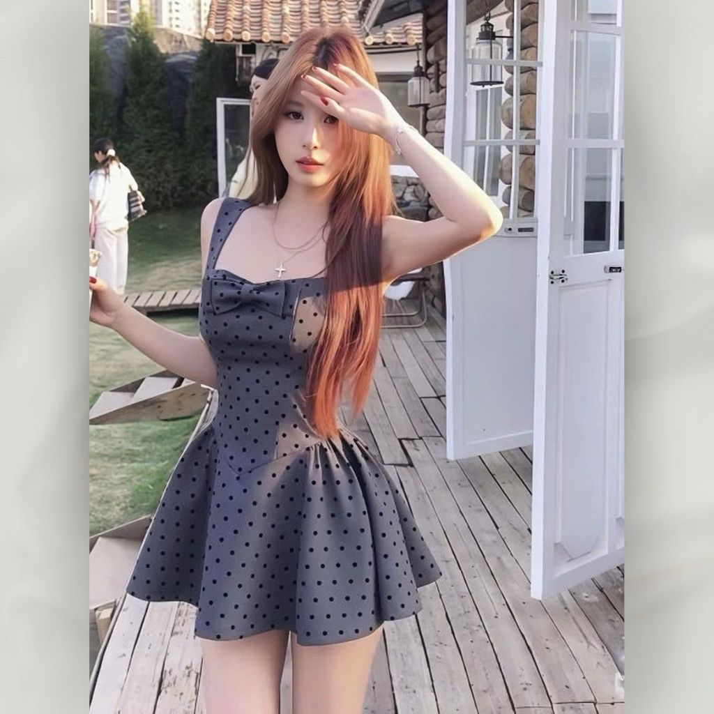 Đầm Chấm Bi Cổ Vuông Thắt Nơ Dáng Ngắn Ngọt Ngào Quyến Rũ Đi Chơi Dự Tiệc Dạo Phố | Vd113