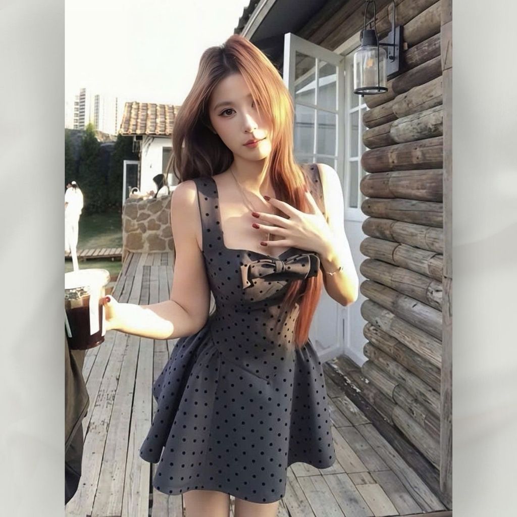 Đầm Chấm Bi Cổ Vuông Thắt Nơ Dáng Ngắn Ngọt Ngào Quyến Rũ Đi Chơi Dự Tiệc Dạo Phố | Vd113