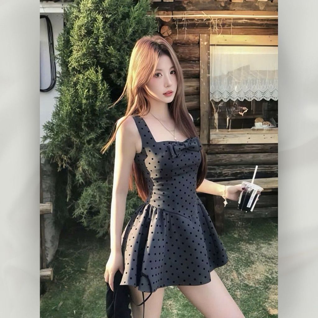 Đầm Chấm Bi Cổ Vuông Thắt Nơ Dáng Ngắn Ngọt Ngào Quyến Rũ Đi Chơi Dự Tiệc Dạo Phố | Vd113