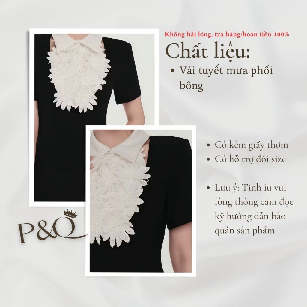 Đầm đen tay ngắn cổ áo sơ mi đính hoa cao cấp, chất tuyết mưa sang trọng | vd66
