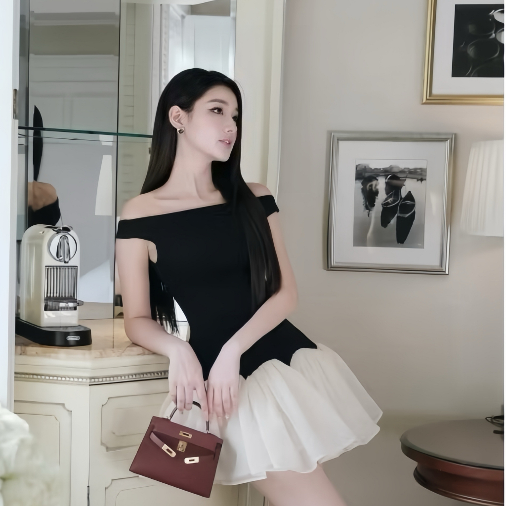 Đầm váy xòe ngắn trễ vai phối màu đen trắng phong cách tiểu thư sang trọng | vd70