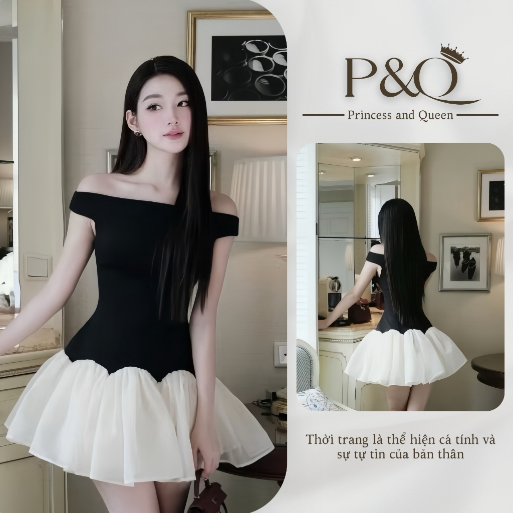 Đầm váy xòe ngắn trễ vai phối màu đen trắng phong cách tiểu thư sang trọng | vd70