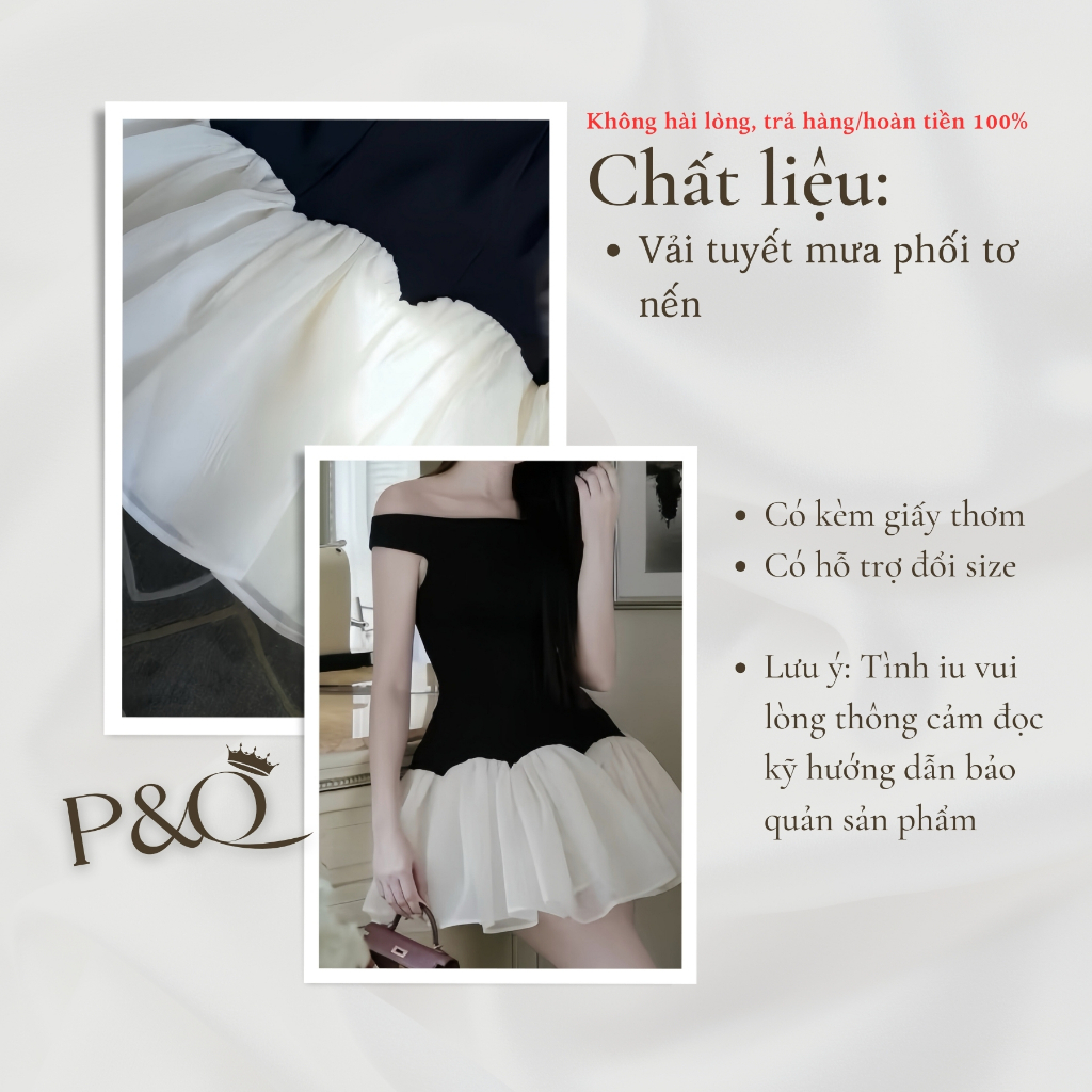Đầm váy xòe ngắn trễ vai phối màu đen trắng phong cách tiểu thư sang trọng | vd70