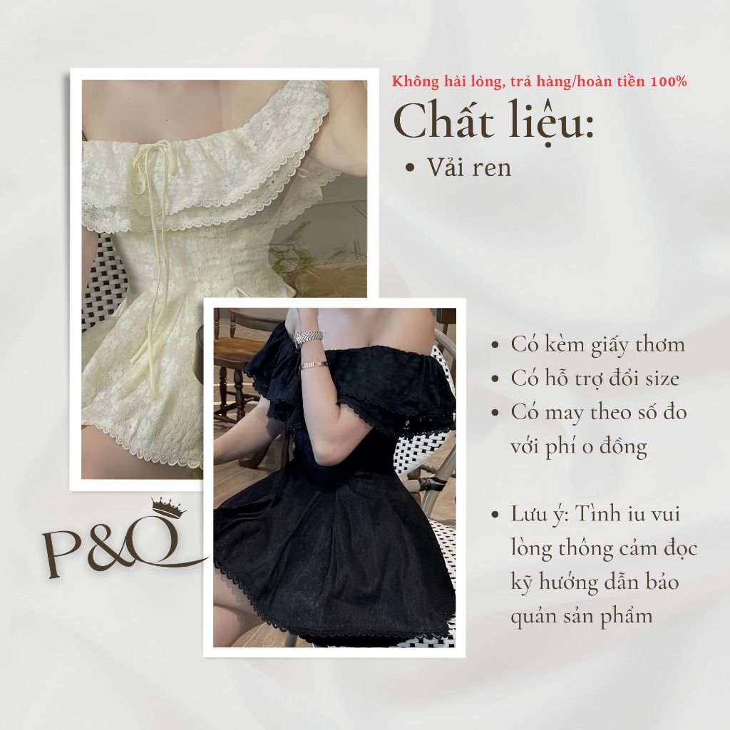 Set Đầm váy ngắn trễ vai ren hoa dáng xòe, kèm quần tiểu thư ngọt ngào màu đen và trắng | set24