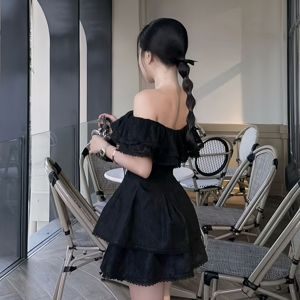 Set Đầm váy ngắn trễ vai ren hoa dáng xòe, kèm quần tiểu thư ngọt ngào màu đen và trắng | set24