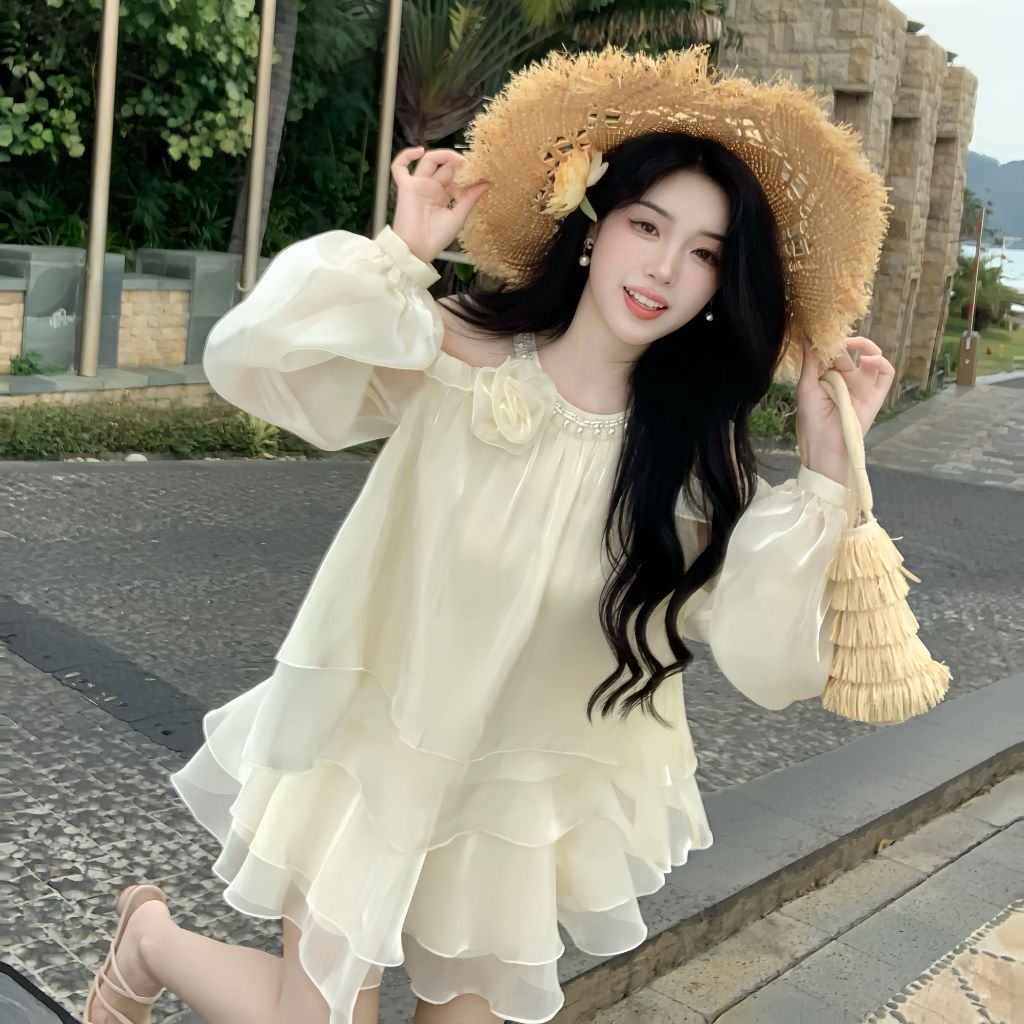 Đầm babydoll trễ vai tầng bồng bềnh, phong cách tiểu thư ngọt ngào | vd73