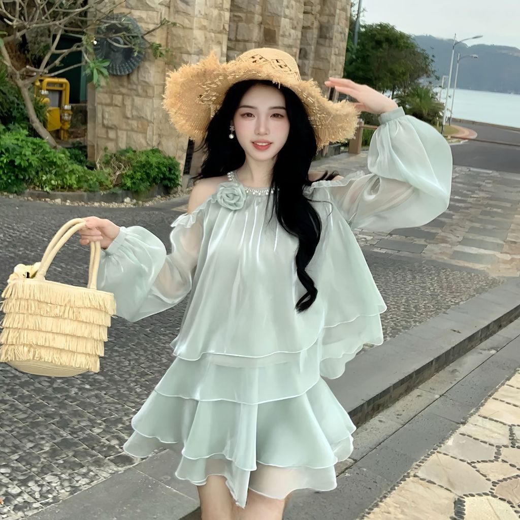 Đầm babydoll trễ vai tầng bồng bềnh, phong cách tiểu thư ngọt ngào | vd73