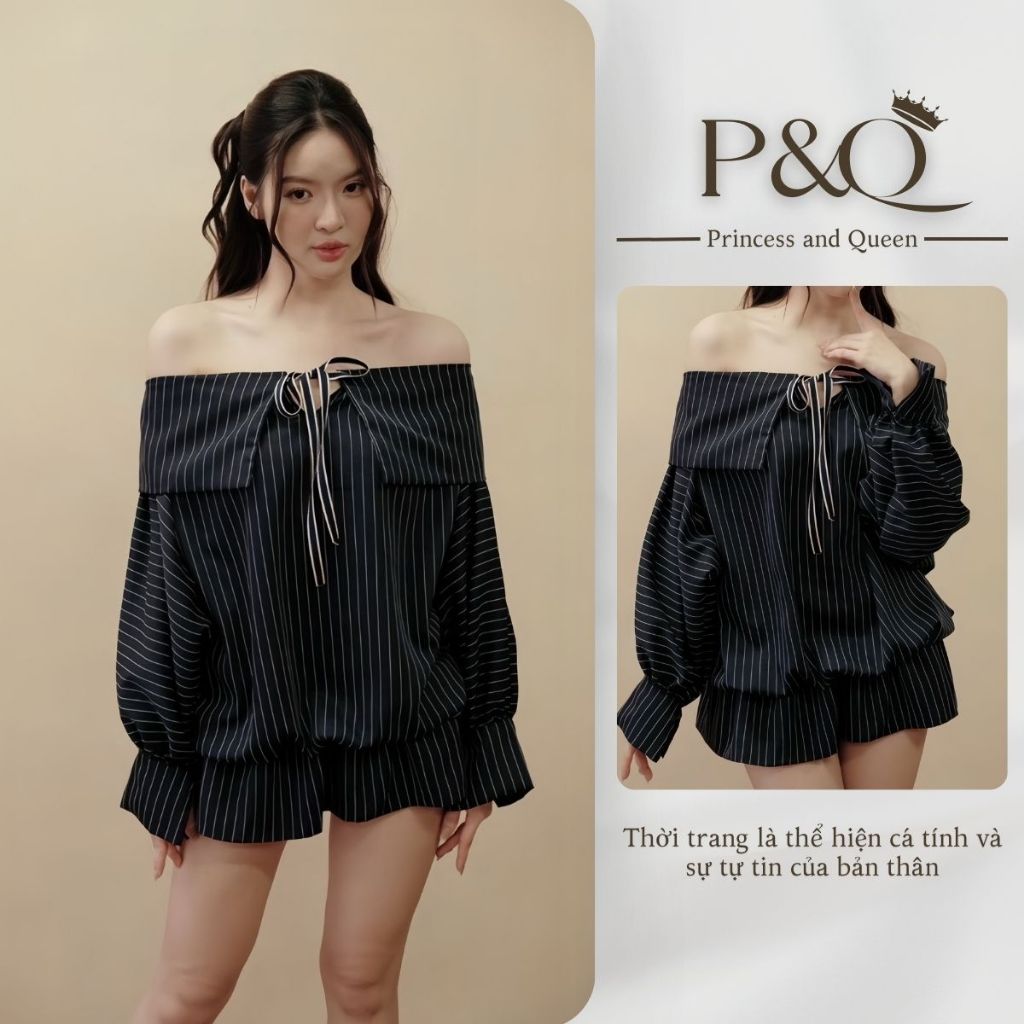 Đầm trễ vai dáng rộng tay phồng thời trang, chất liệu kate sọc thoáng mát | vd62