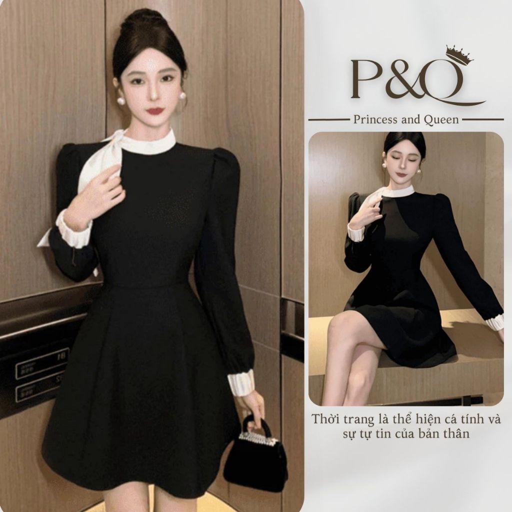 Đầm váy xòe chân váy ngắn vải goothun họa tiết nơ ngực có lớp lót | P&Q vd45